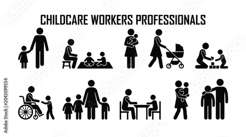 Childcare workers professionals icon set, daycare teacher and nanny stick figure pictograms, nursery staff caring for children and infants