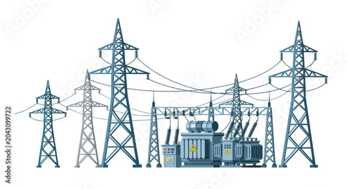 Schilderij op canvas Electricity transmission towers and substation equipment 1.