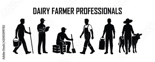 Dairy farmer professionals silhouette set, agricultural workers with livestock and equipment, black vector icons for milk production industry
