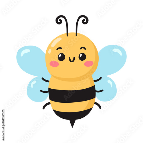 Cute kawaii bee on white background. Vector illustration 