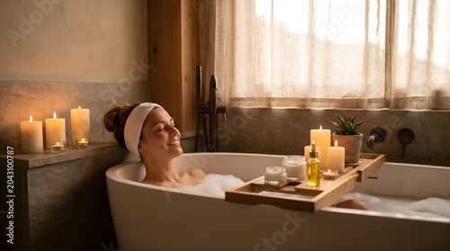 Relaxing candlelit bath in a cozy rustic bathroom with wine on a tray - a self-care spa moment