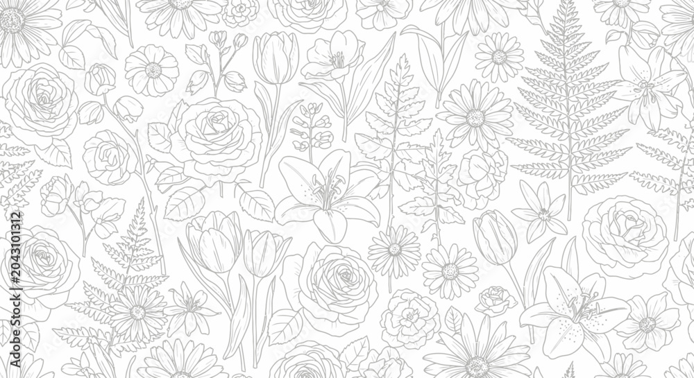 Fototapeta premium Seamless floral pattern. Elegant hand-drawn outline flowers and leaves background. Botanical illustration with roses, tulips, lilies, and ferns.