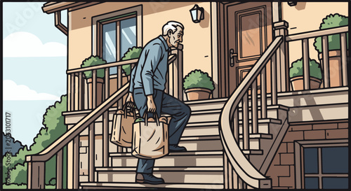 Elderly man carrying groceries up stairs to house entrance