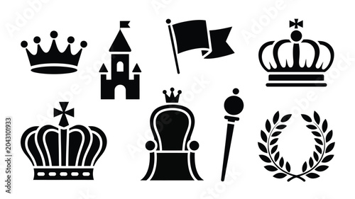 Photography Collection of royal elements including crowns thrones scepters flags and castle buildings