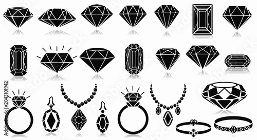 Collection of black diamond shapes and jewelry with reflections