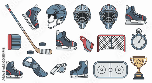 Collection of cartoon ice hockey equipment and accessories