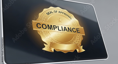 Golden Compliance Seal of Approval Badge on Modern Tablet Display