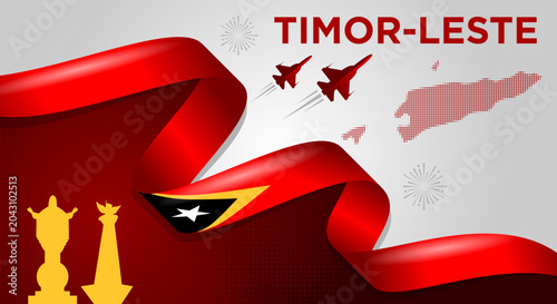 Quadro su tela Timor-Leste National Day Background with Waving Flag Ribbon, Map and Skyline Vec