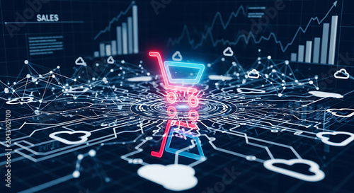 E Commerce Sales Network with Glowing Shopping Cart Icon on Tech Dashboard