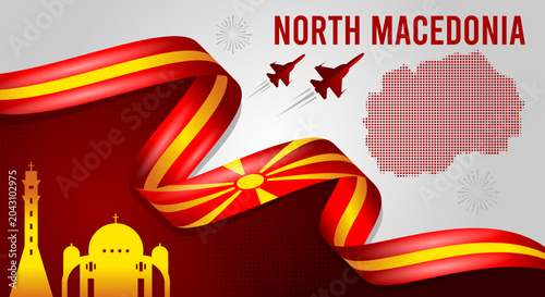Schilderij op canvas North Macedonia National Day Background with Waving Flag Ribbon, Map and Skyline