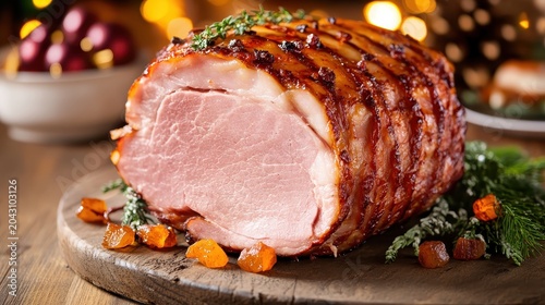 A beautifully roasted ham centerpiece for an elegant Christmas dinner table, showcasing warm lighting and festive holiday decorations.