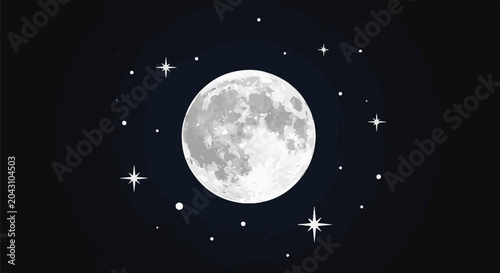 Detailed illustration of a full moon surrounded by bright stars on a dark background