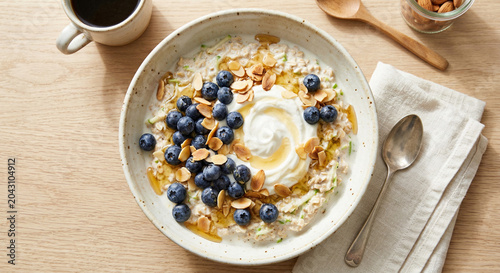 Overhead view of bircher muesli with fruits and nuts