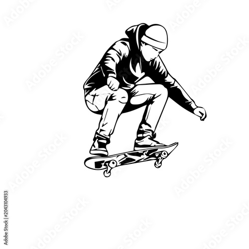Searchable Title
Black and White Skateboarder Vector Illustration – Urban Skateboard Ollie Jump Trick Graphic, Line Art Stencil of Skater in image