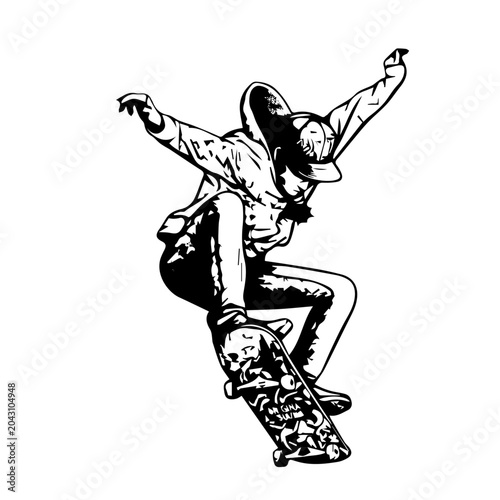 Searchable Title
Black and White Skateboarder Vector Illustration – Urban Skateboard Ollie Jump Trick Graphic, Line Art Stencil of Skater in image