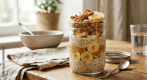 Peanut butter banana overnight oats with honey and granola