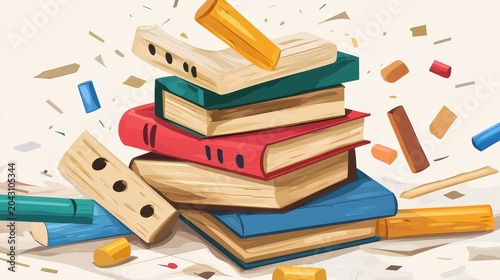 A colorful stack of books and wooden instruments represents education and learning, perfect for creative and academic themes.