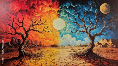 A stark painted landscape shows extreme heat and cold clashing over dry cracked earth and barren trees, symbolizing climate change and its devastating impact.