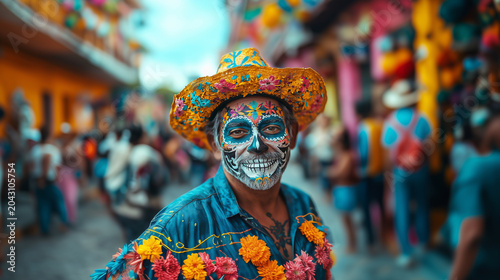 Celebration of Dia de los Muertos with vibrant colors and traditional attire