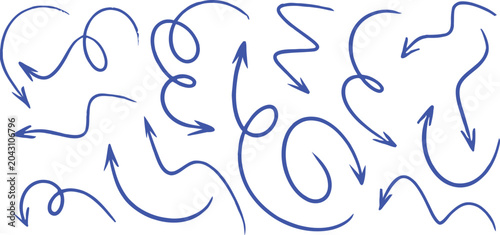 Hand drawn blue arrow doodle collection with curved directional lines and sketch navigation symbols. Creative annotation elements for presentations and infographics. Modern vector set for design 