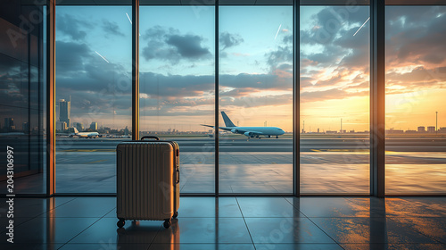 Traveler awaits departure in modern airport terminal during sunset