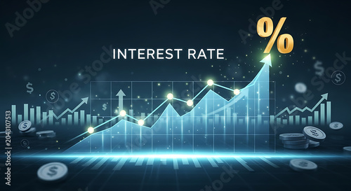 Financial interest rate growth graph with rising arrow and coins