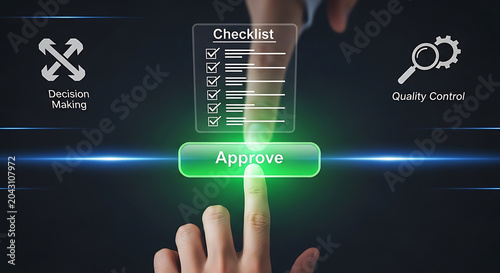 Finger pressing green glowing approve button on futuristic virtual interface