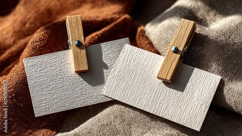 Two blank textured paper cards with wooden clips on rustic earth tone fabric background