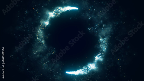 Cool teal and cyan particle swirl forming a glowing ring frame with sparkling bokeh on dark blue background and wide copy space