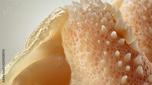Detailed macro shot of thickened and pitted fingernail surface exhibiting symptoms of psoriasis under soft indoor lighting.