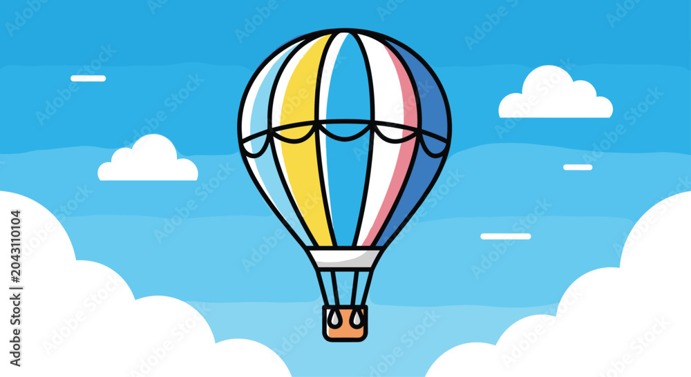 Obraz premium A colorful hot air balloon flying high in a blue sky with white clouds on a sunny day outdoors recreationally