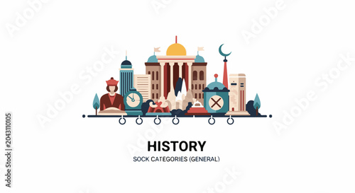 Stylized collection of historical buildings and cultural icons