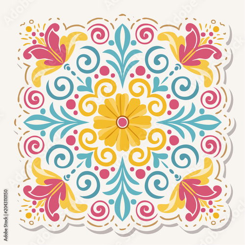 Colorful Floral Mexican Talavera Tile Pattern