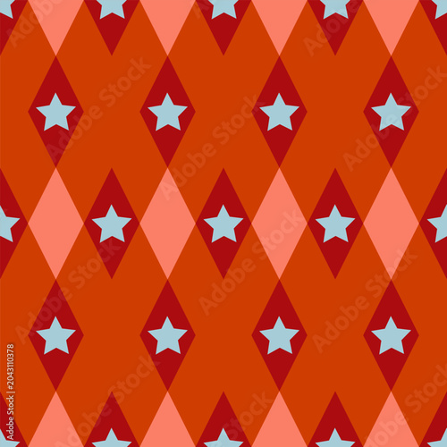 Circus Style Seamless Pattern with Blue Stars and Red Orange Diamonds