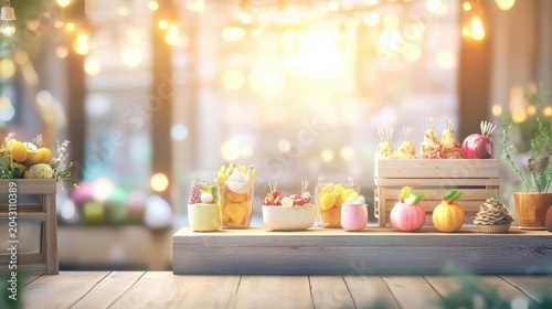 Festive Easter Treats and Seasonal Decorations Vibrantly Displayed on a Wooden Table with Bright Bokeh