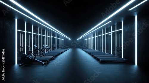 Futuristic modern gym filled with sleek treadmills under glowing blue lights, offering a high-tech workout space.