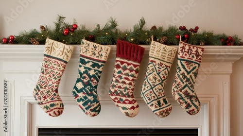 Five festive knitted Christmas stockings with cozy designs hanging from a decorated mantlepiece with warm lighting