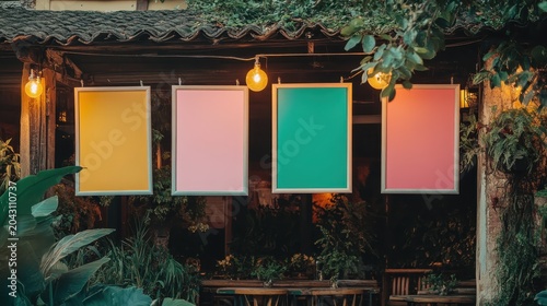 Four vibrant, empty signs hanging on a building facade, illuminated by warm outdoor lighting, creating an inviting display for information.