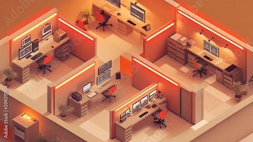 Isometric view of modern office space with modular workstations