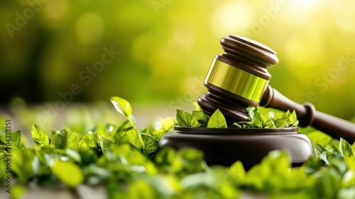 Environmental law gavel resting amidst lush green foliage, symbolizing justice and nature's balance