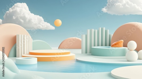 Abstract Pastel Display Stages with Geometric Shapes and Soft Lighting Against a Dreamy Sky Background