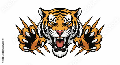 Fierce tiger head with bared fangs and outstretched claws