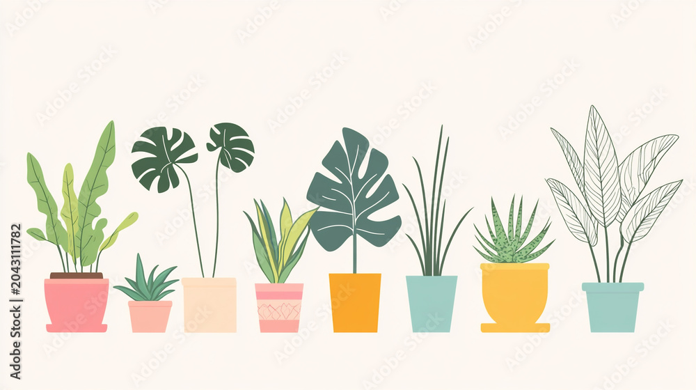 Fototapeta premium Illustration of various indoor plants — monstera, ficus, palm, and succulent. Clean composition and modern minimalism