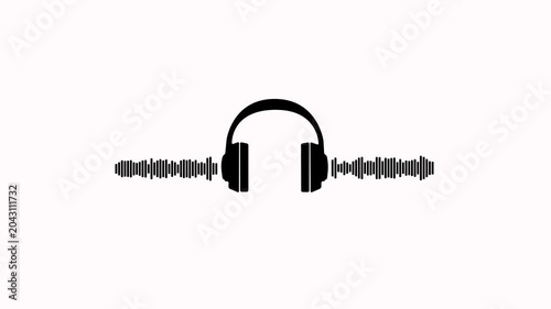 Minimalist headphone icon with sound waves loop animation on white transparent background. Headphone icon with active audio equalizer sound wave, voice signal frequency and digital voice visualization