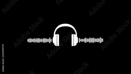 Minimalist headphone icon with sound waves loop animation on black background. Headphone icon with active audio equalizer sound wave, voice signal frequency and digital voice visualization
