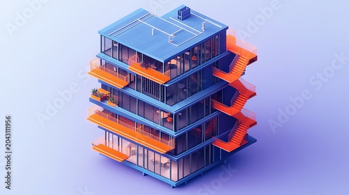 Modern modular stacked office buildings in vibrant blue and orange gradient with futuristic design