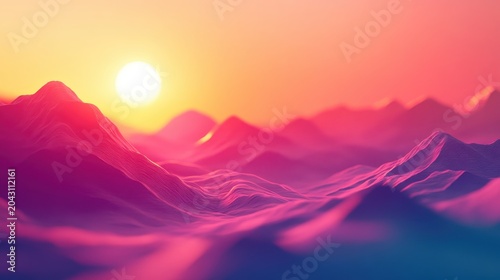 Iconic mountains bathed in the warm glow of a vibrant sunset over the horizon