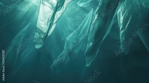 Plastic bags floating underwater in the ocean, creating pollution and harming marine life with diffused natural lighting.