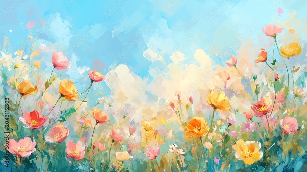 Obraz premium Impressionistic Floral Landscape Painting with Blooming Wildflowers Under a Soft Blue Sky