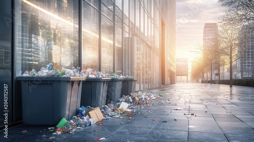 Overflowing Recycling Bins and Scattered Litter Outside Modern Corporate Office Building in Urban Sunlight